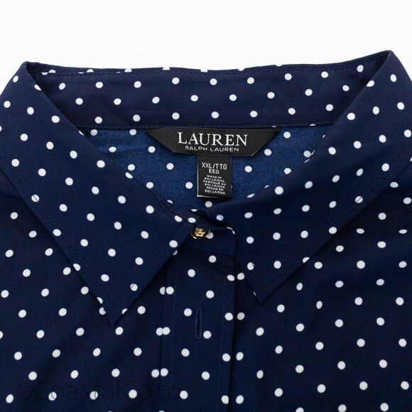 Lauren Ralph Lauren Silky Button Up Navy Polka Dots XXL Luxury Officewear Preppy - Picture 5 of 14
